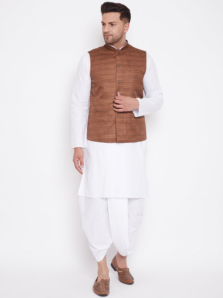 VM BY Vastramay Men's Coffee Brown And White Cotton Blend Jacket, Kurta and Dhoti Set