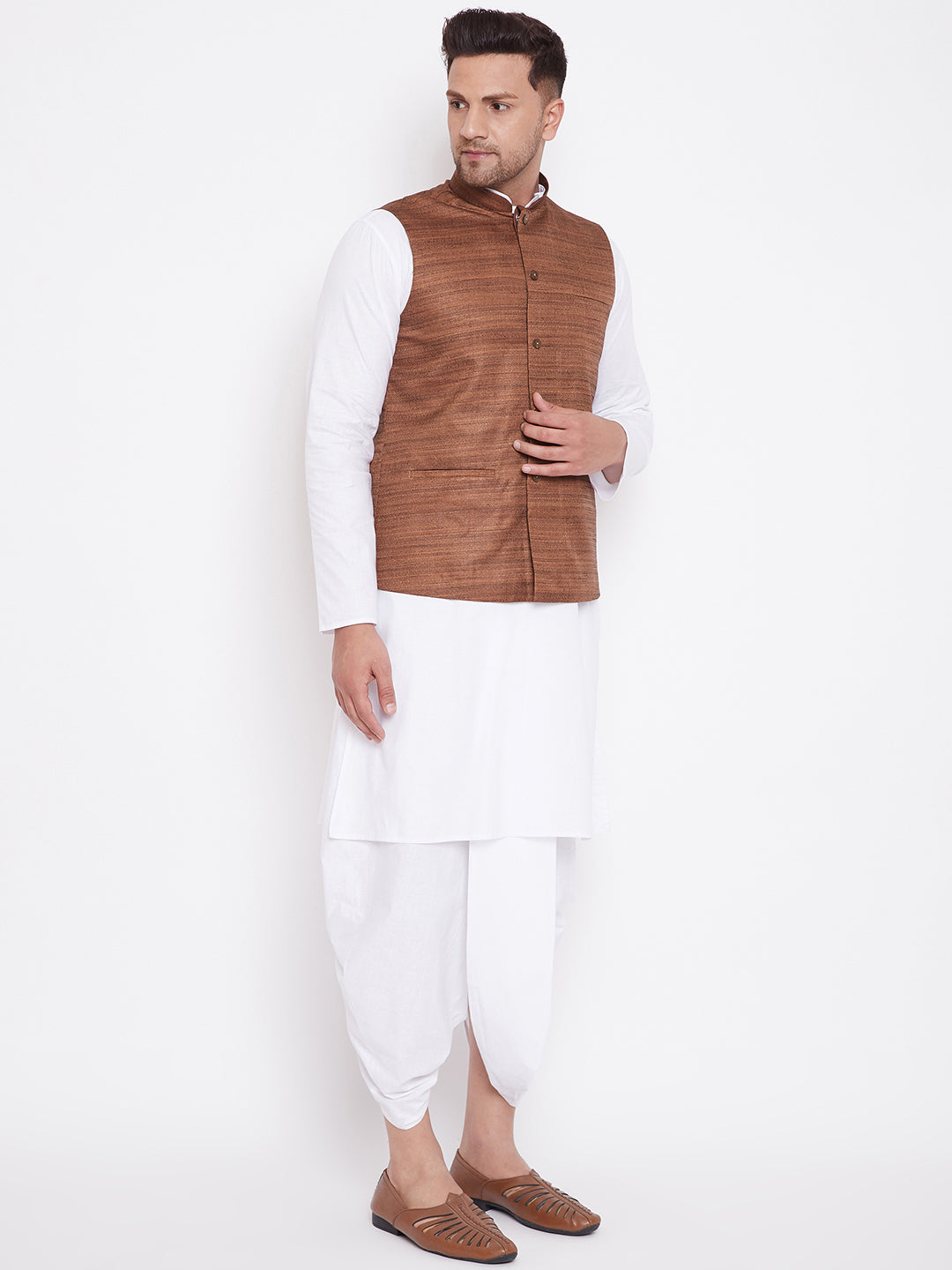 VASTRAMAY Brown Color Cotton Silk Nehru Jacket & White Dhoti Kurta Baap Beta Set