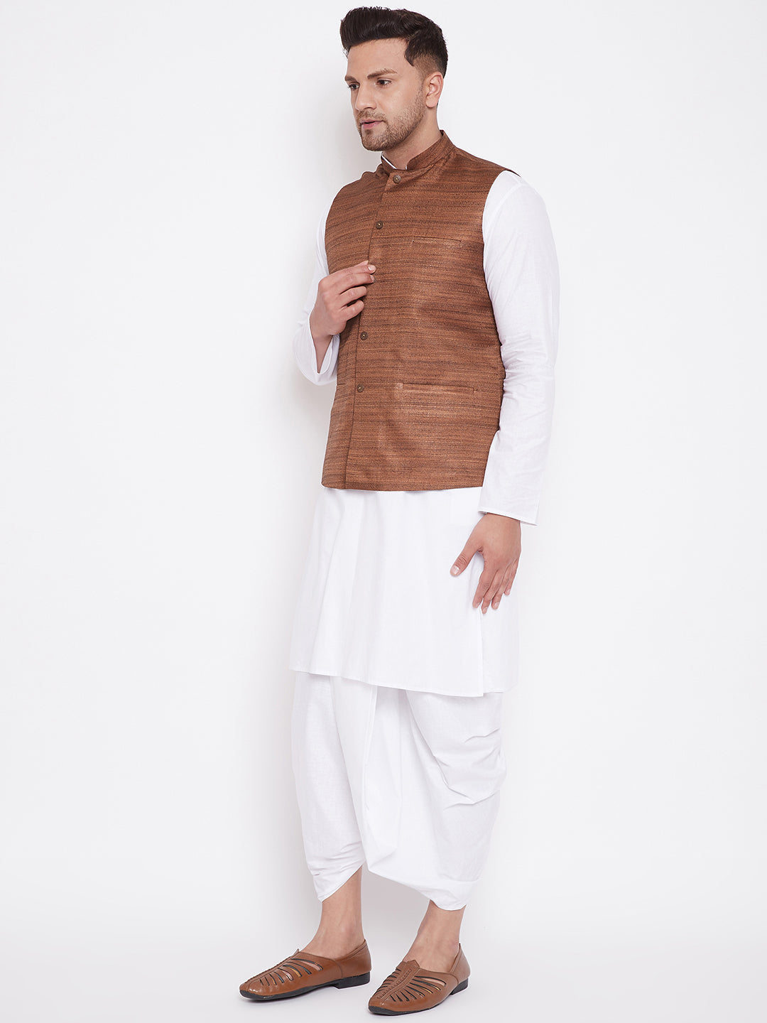 VM BY Vastramay Men's Coffee Brown And White Cotton Blend Jacket, Kurta and Dhoti Set