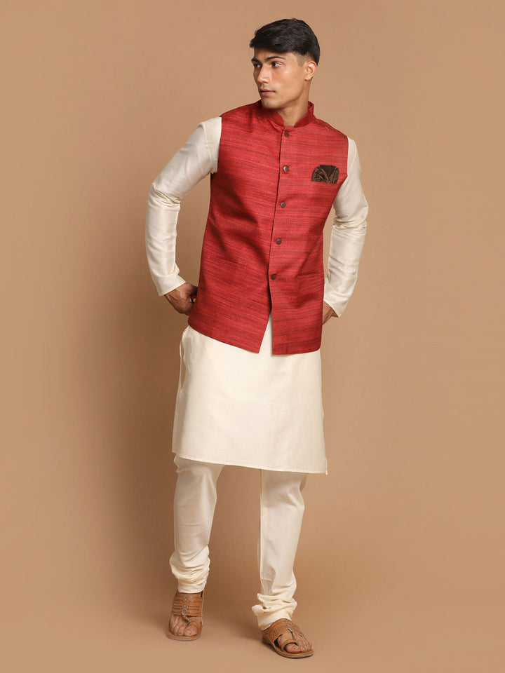 VASTRAMAY Men's Maroon Textured Nehru Jacket With Cream Kurta and Pyjama Set