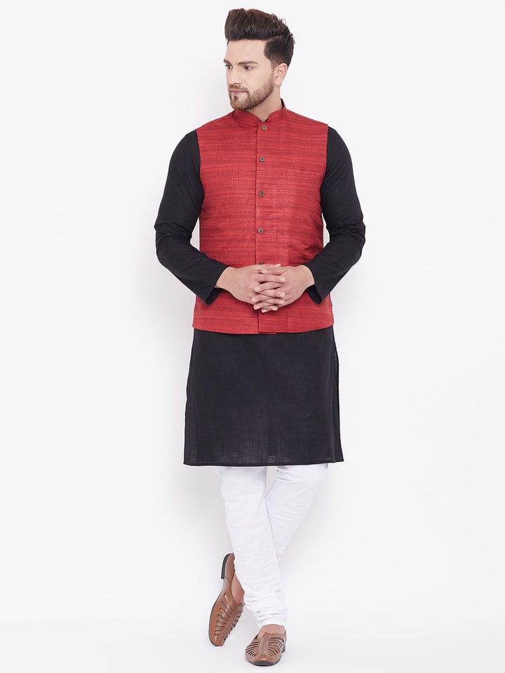 VASTRAMAY Men's Maroon, Black And White Cotton Blend Jacket, Kurta and Pyjama Set