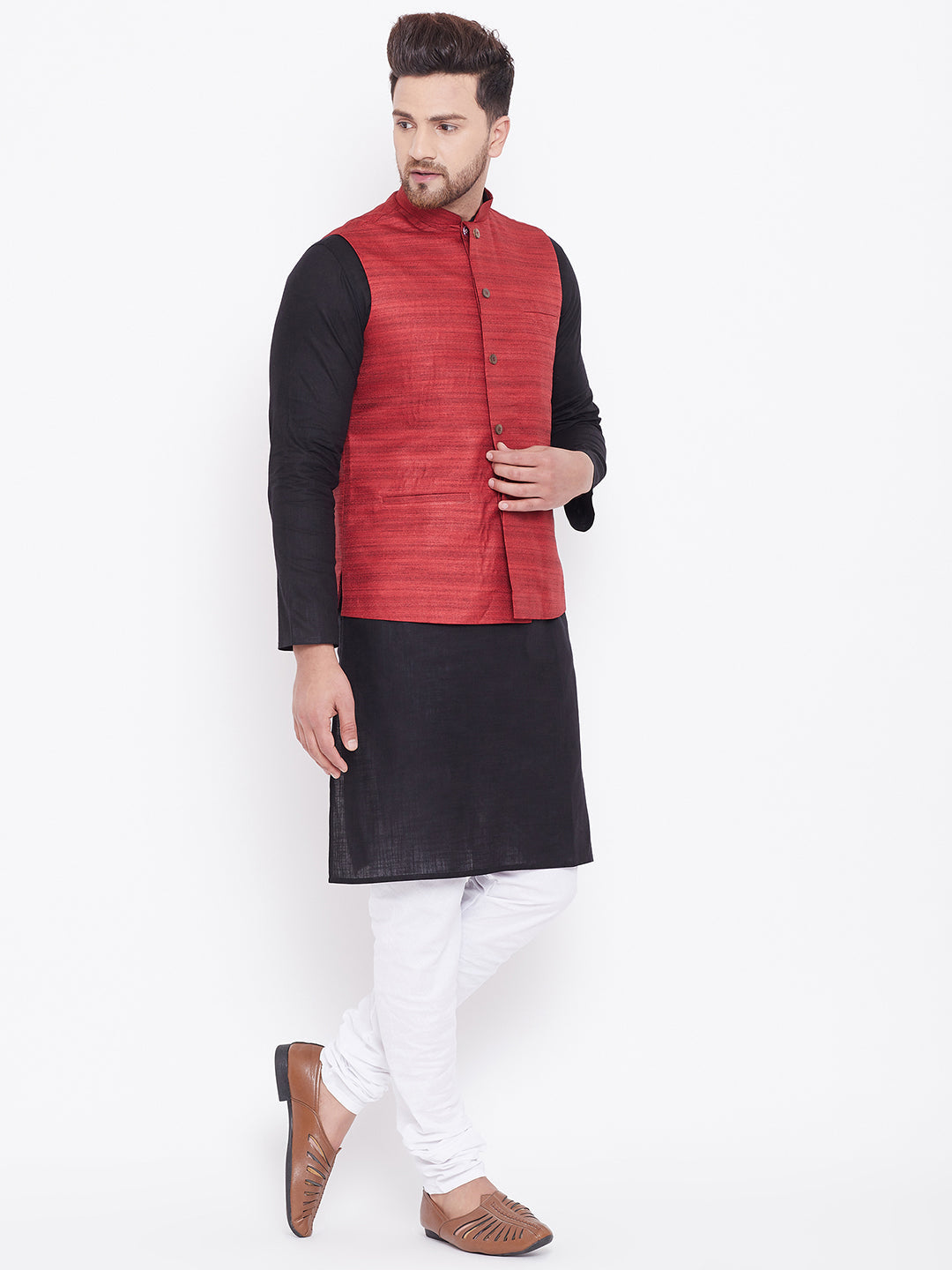 VASTRAMAY Men's Maroon, Black And White Cotton Blend Jacket, Kurta and Pyjama Set