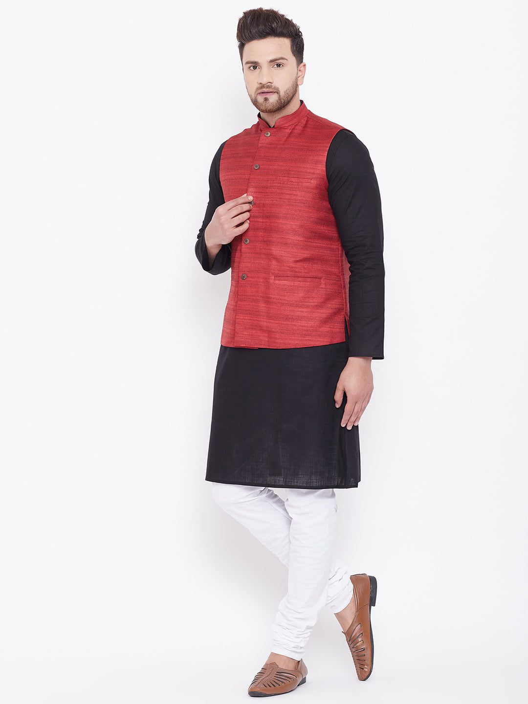 VASTRAMAY Men's Maroon, Black And White Cotton Blend Jacket, Kurta and Pyjama Set