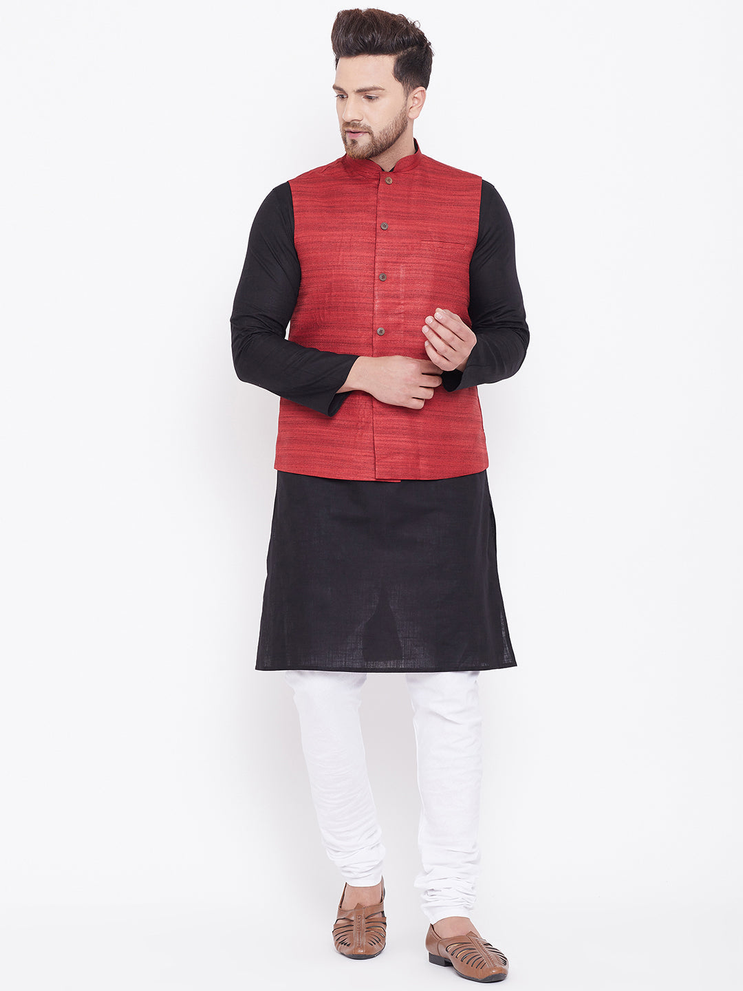 VASTRAMAY Men's Maroon, Black And White Cotton Blend Jacket, Kurta and Pyjama Set