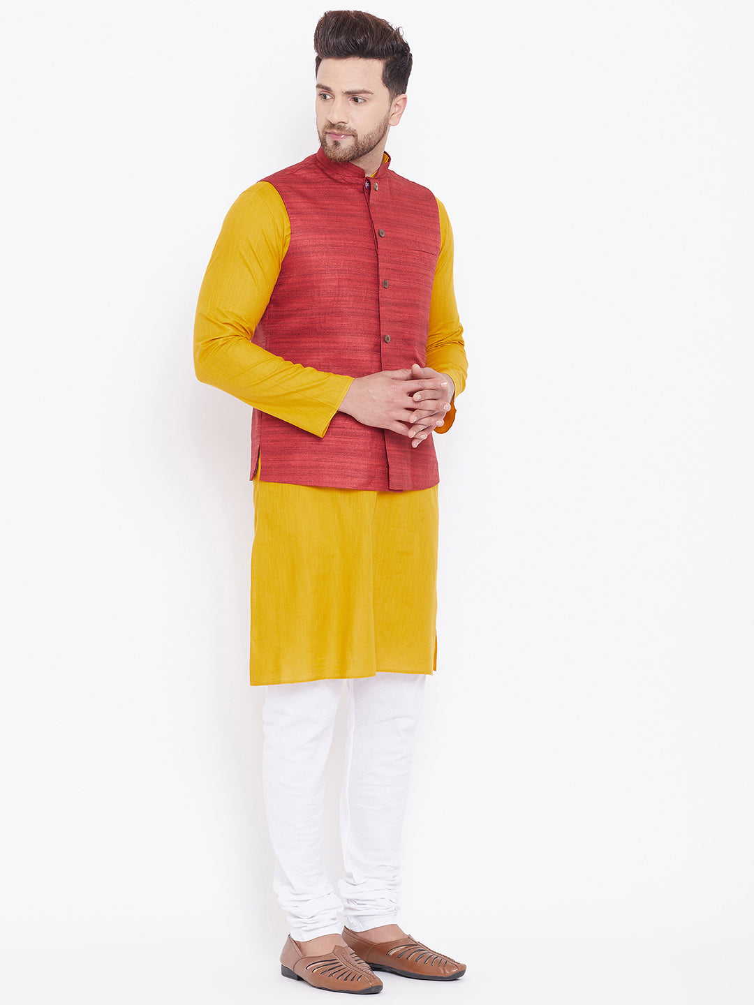 VASTRAMAY Men's Maroon, Mustard And White Cotton Blend Jacket, Kurta and Pyjama Set