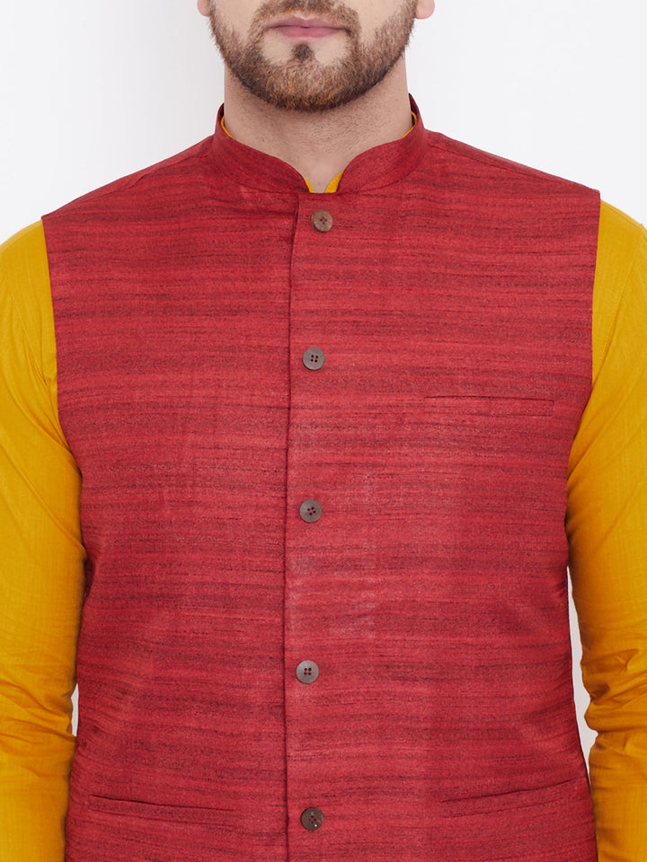 VASTRAMAY Maroon, Mustard And White Baap Beta Nehru Jacket Kurta Pyjama set