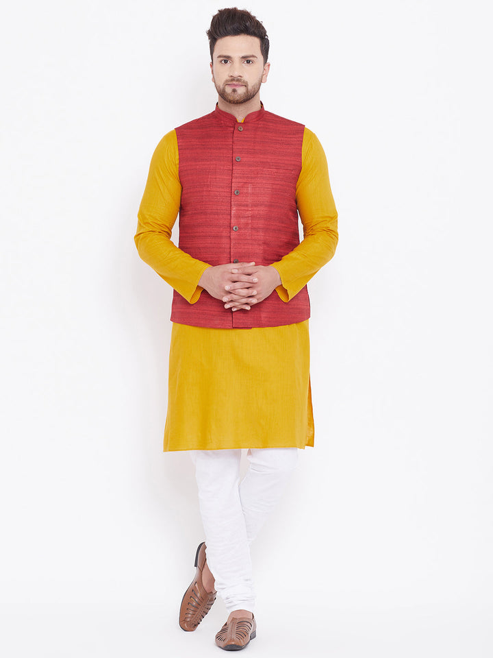 VASTRAMAY Men's Maroon, Mustard And White Cotton Blend Jacket, Kurta and Pyjama Set