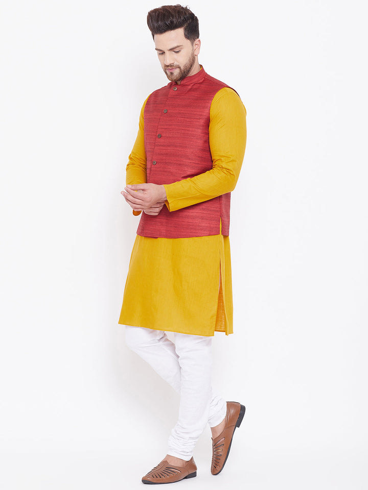 VASTRAMAY Men's Maroon, Mustard And White Cotton Blend Jacket, Kurta and Pyjama Set