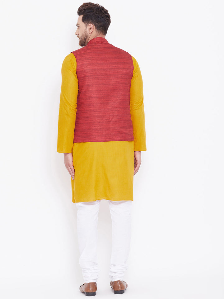 VASTRAMAY Men's Maroon, Mustard And White Cotton Blend Jacket, Kurta and Pyjama Set