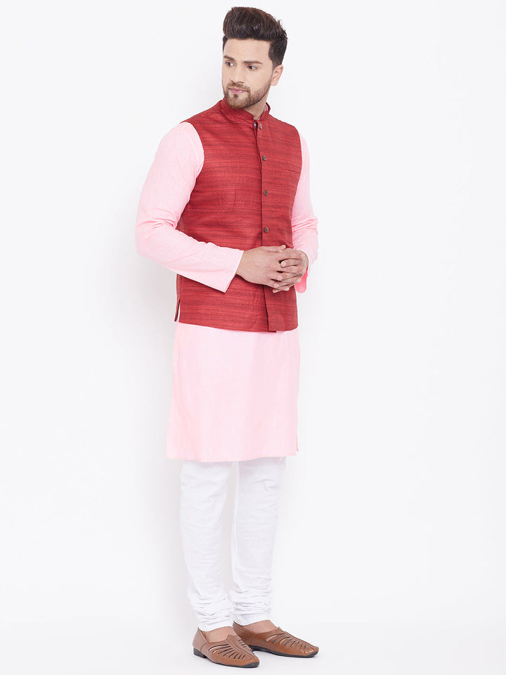 VASTRAMAY Men's Maroon, Pink And White Cotton Blend Jacket, Kurta and Pyjama Set