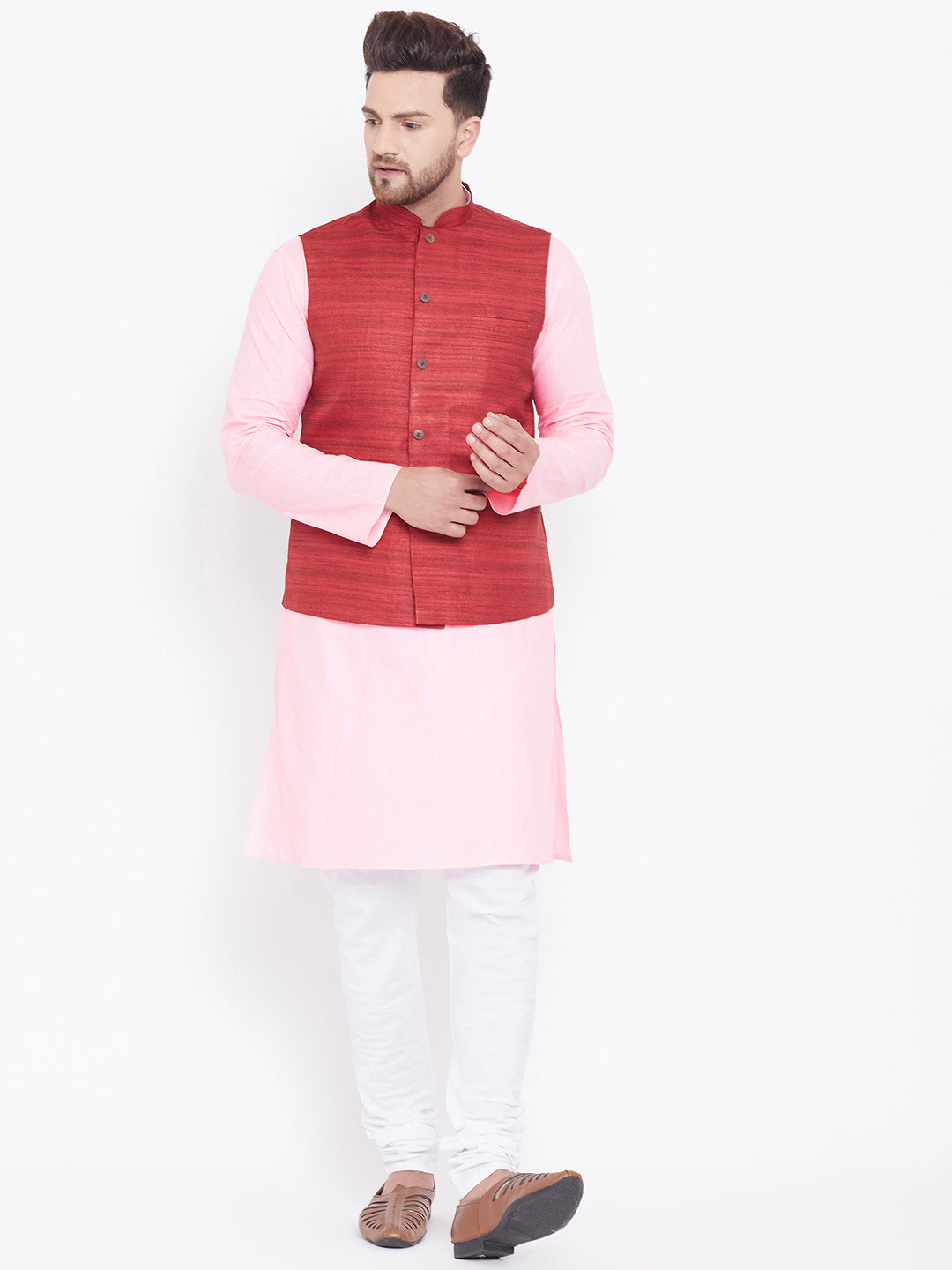 VASTRAMAY Men's Maroon, Pink And White Cotton Blend Jacket, Kurta and Pyjama Set