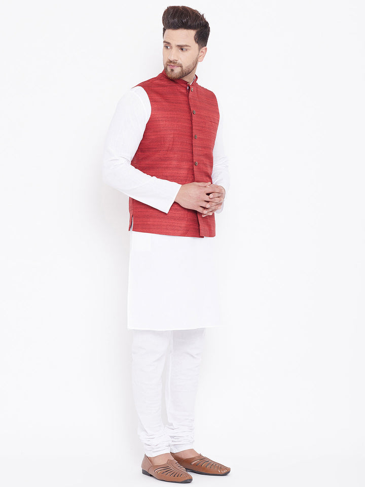 VASTRAMAY Men's Maroon And White Cotton Blend Jacket, Kurta and Pyjama Set