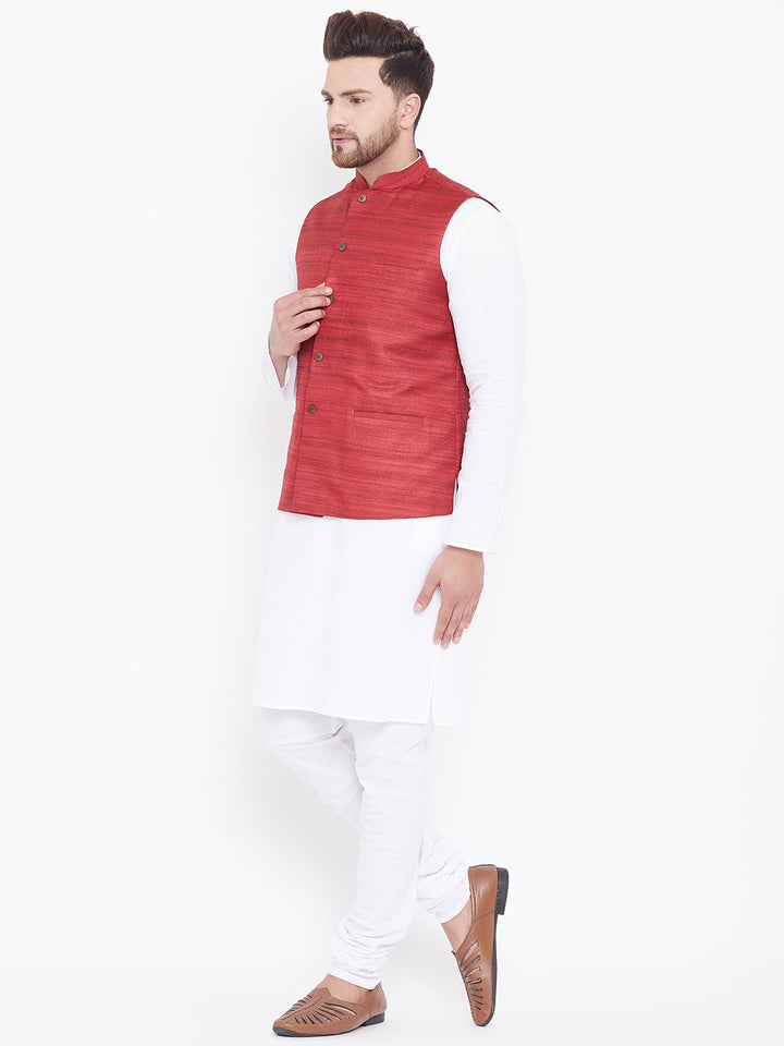 VASTRAMAY Men's Maroon And White Cotton Blend Jacket, Kurta and Pyjama Set