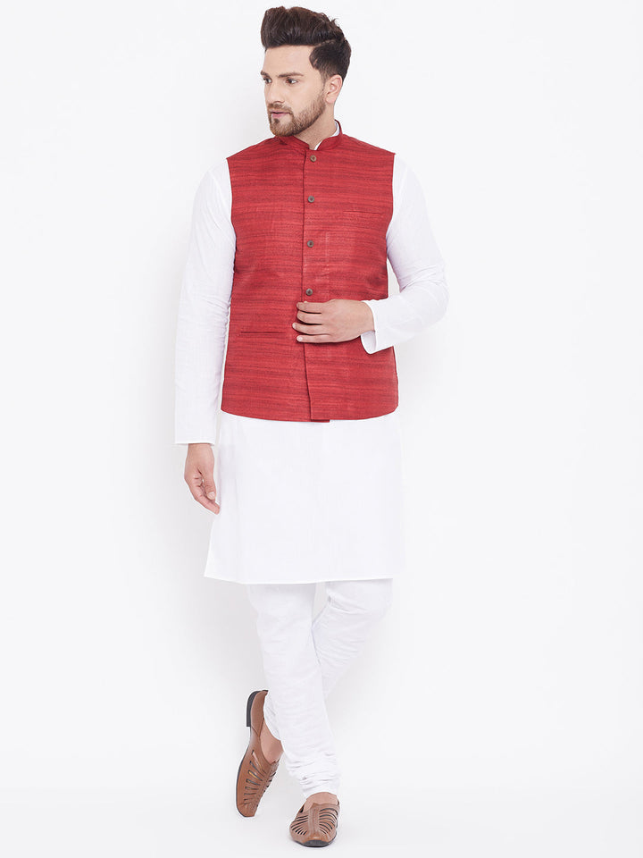 VASTRAMAY Men's Maroon And White Cotton Blend Jacket, Kurta and Pyjama Set