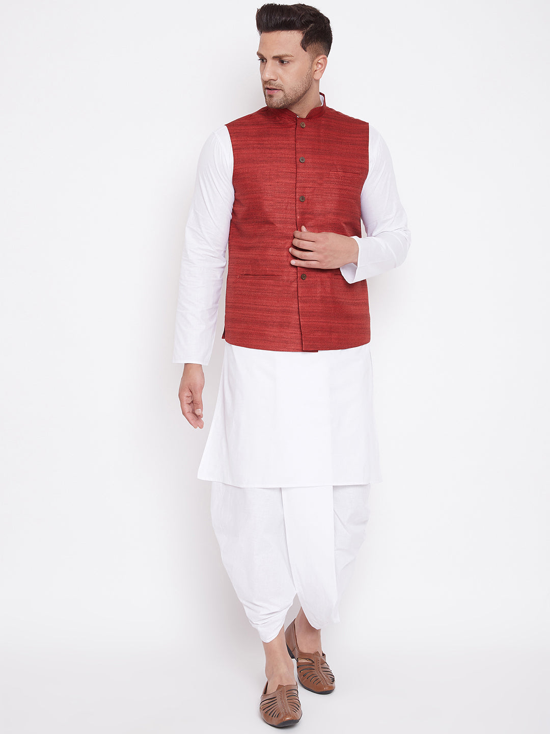 VM BY Vastramay Men's Maroon And White Cotton Blend Jacket, Kurta and Dhoti Set