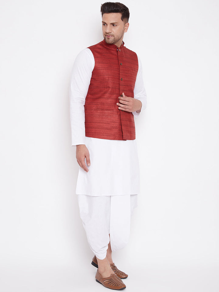 VM BY Vastramay Men's Maroon And White Cotton Blend Jacket, Kurta and Dhoti Set