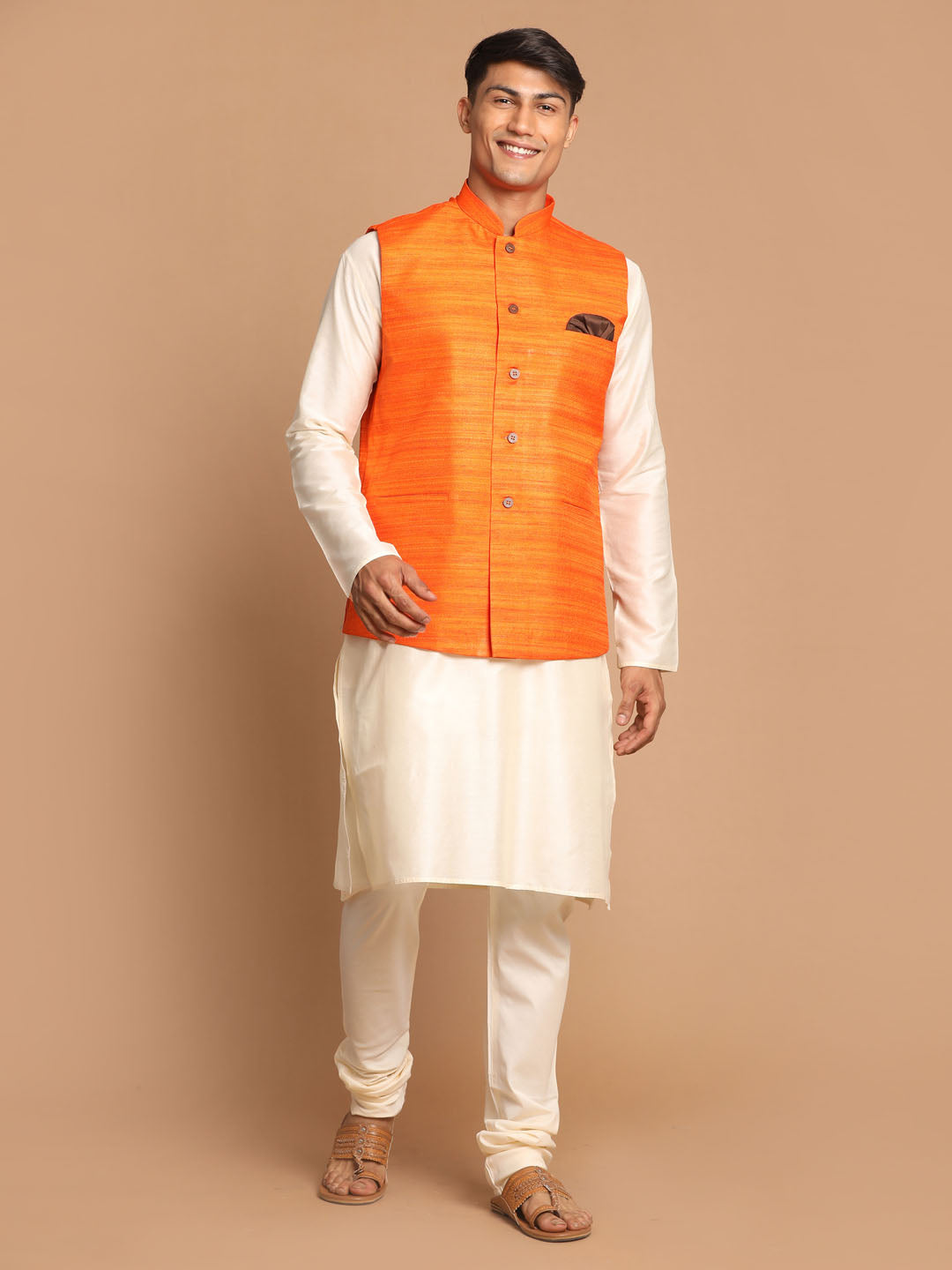 VASTRAMAY Men's Orange Cotton Blend Jacket With Cream Solid Kurta And Pyjama Set