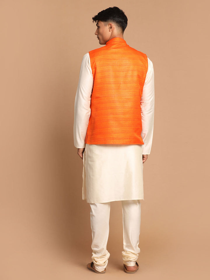 VASTRAMAY Men's Orange Cotton Blend Jacket With Cream Solid Kurta And Pyjama Set