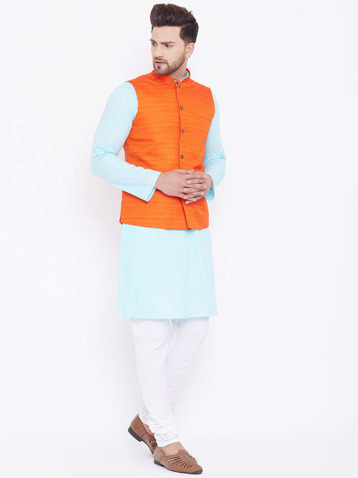 VASTRAMAY Orange And Turquoise Color White Baap Beta Nehru Jacket Kurta Pyjama set