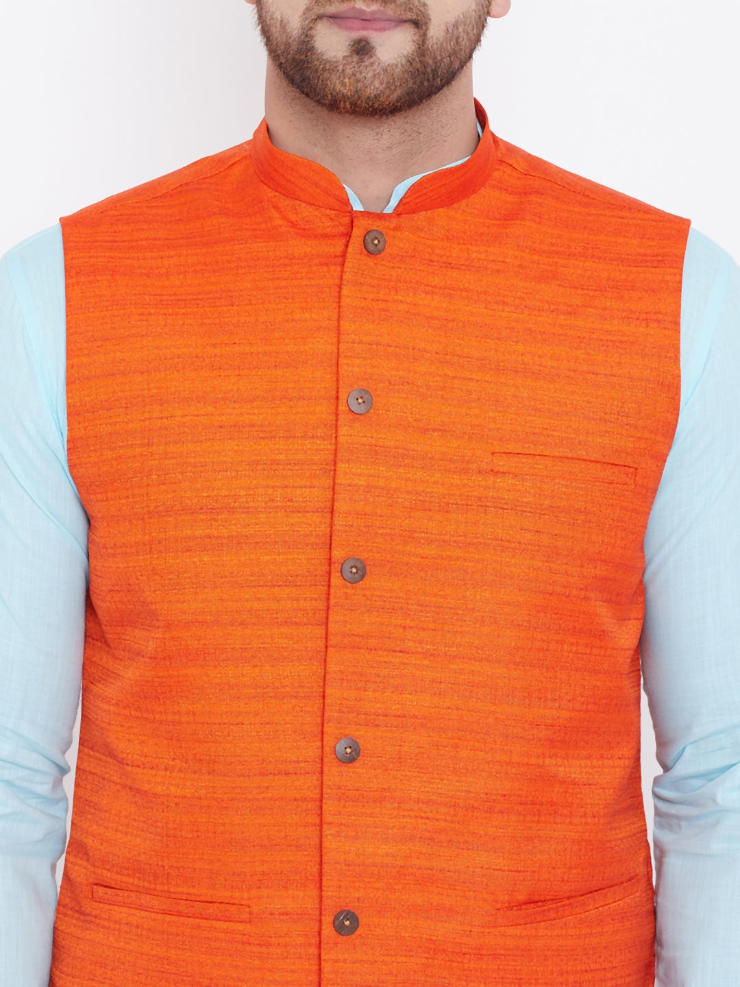 VASTRAMAY Orange And Turquoise Color White Baap Beta Nehru Jacket Kurta Pyjama set