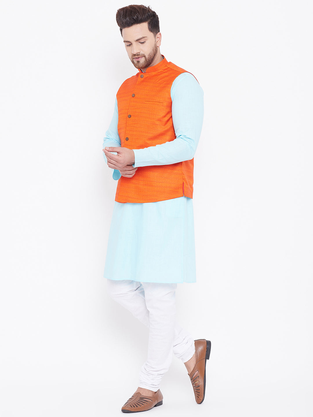 VASTRAMAY Men's Orange, Aqua And White Cotton Blend Jacket, Kurta and Pyjama Set