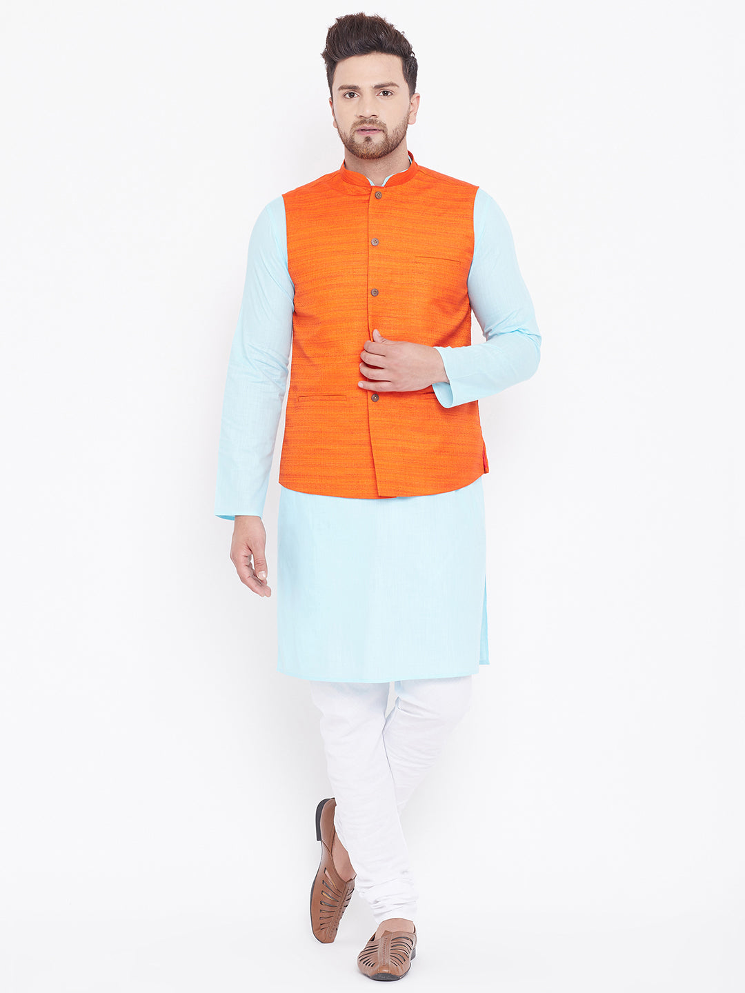 VASTRAMAY Men's Orange, Aqua And White Cotton Blend Jacket, Kurta and Pyjama Set