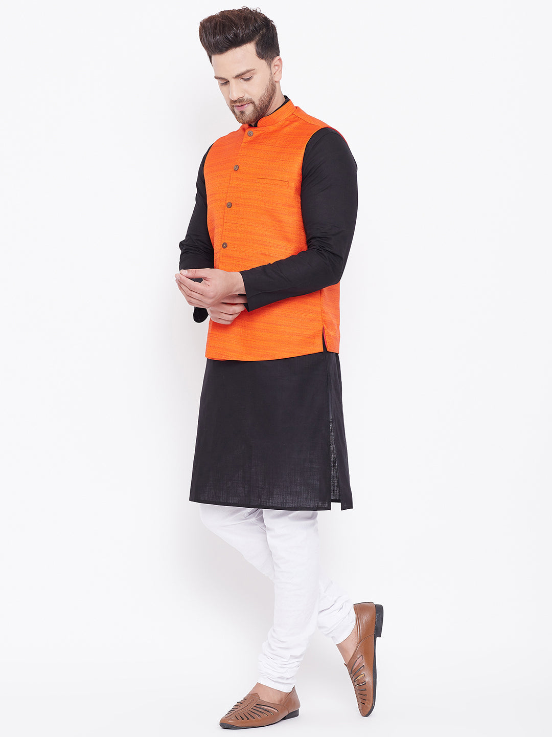 VASTRAMAY Men's Orange, Black And White Cotton Blend Jacket, Kurta and Pyjama Set