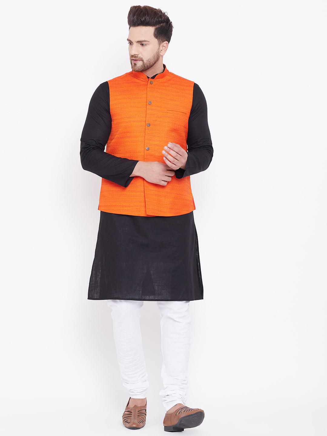 VASTRAMAY Men's Orange, Black And White Cotton Blend Jacket, Kurta and Pyjama Set