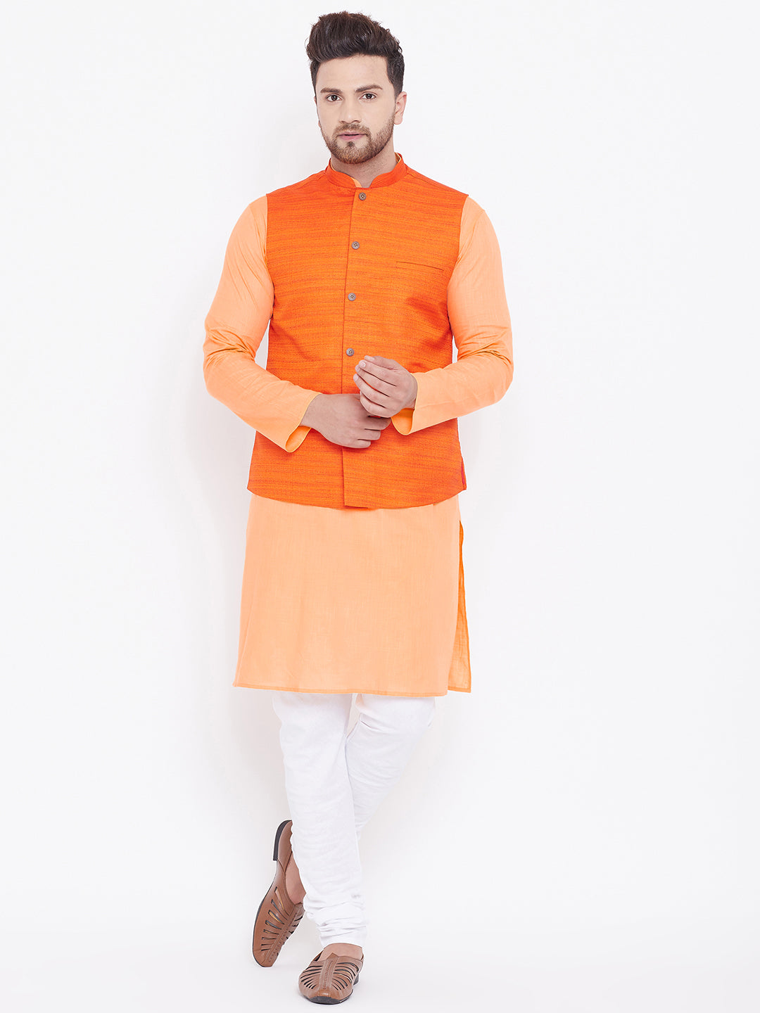 VASTRAMAY Men's Orange, Fawn And White Cotton Blend Jacket, Kurta and Pyjama Set