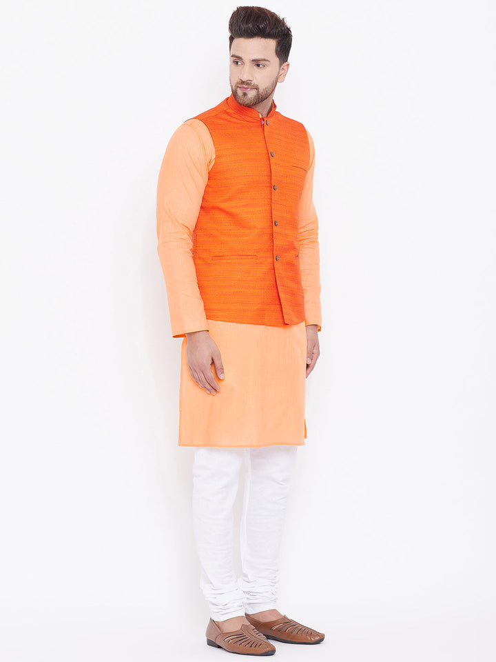 VASTRAMAY Men's Orange, Fawn And White Cotton Blend Jacket, Kurta and Pyjama Set