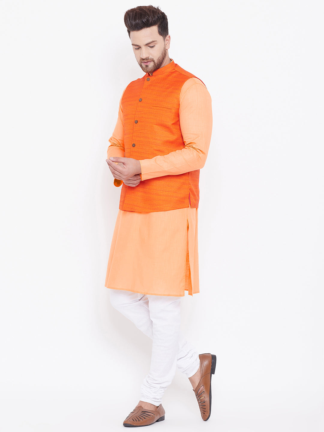 VASTRAMAY Men's Orange, Fawn And White Cotton Blend Jacket, Kurta and Pyjama Set