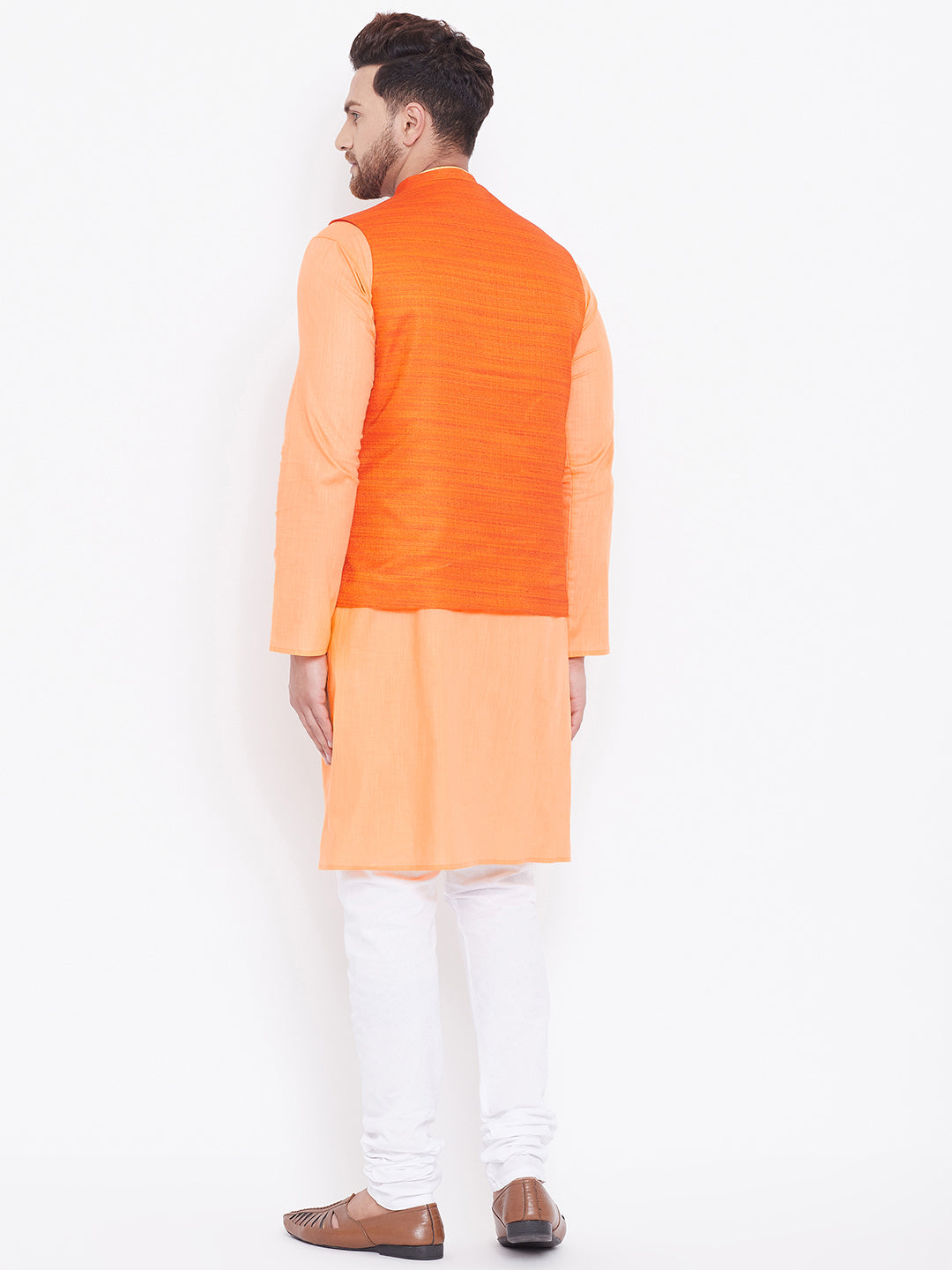 VASTRAMAY Men's Orange, Fawn And White Cotton Blend Jacket, Kurta and Pyjama Set