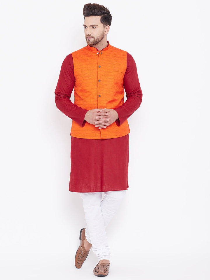 VASTRAMAY Men's Orange, Maroon And White Cotton Blend Jacket, Kurta and Pyjama Set