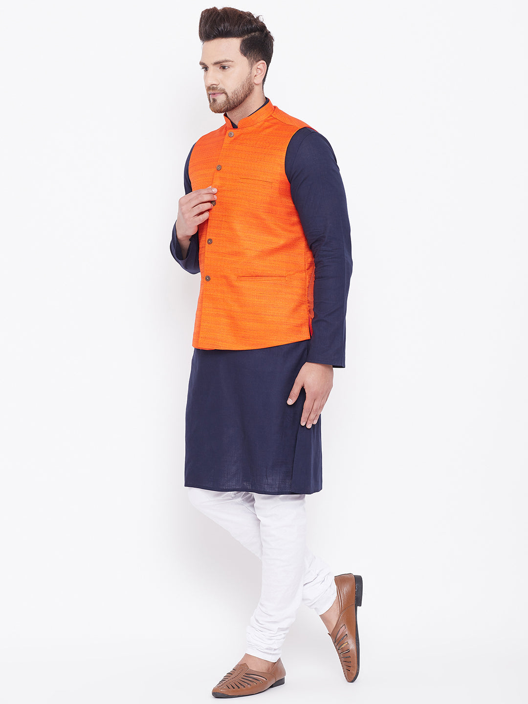 VASTRAMAY Men's Orange, Navy Blue And White Cotton Blend Jacket, Kurta and Pyjama Set