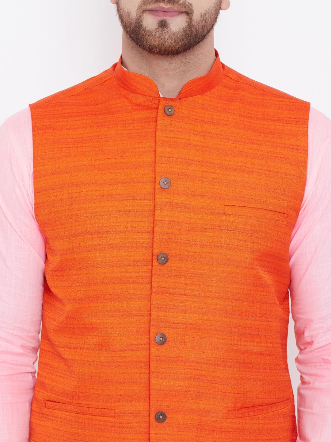 VASTRAMAY Orange, Pink And White Baap Beta Nehru Jacket Kurta Pyjama set