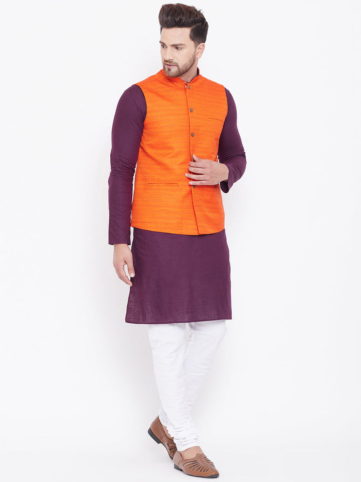 VASTRAMAY Men's Orange Cotton Blend Jacket With Purple And White Kurta and Pyjama Set