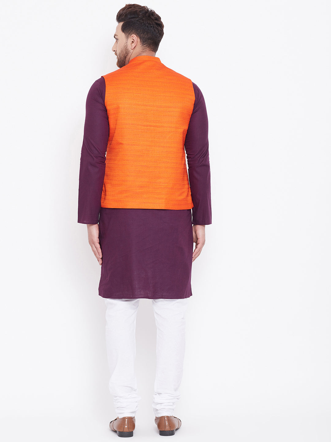 VASTRAMAY Men's Orange Cotton Blend Jacket With Purple And White Kurta and Pyjama Set