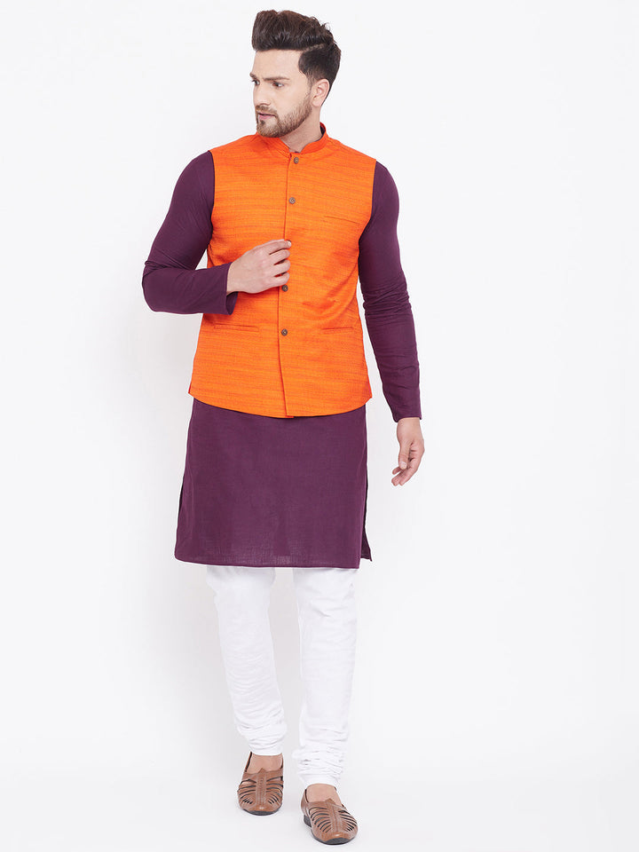 VASTRAMAY Men's Orange Cotton Blend Jacket With Purple And White Kurta and Pyjama Set