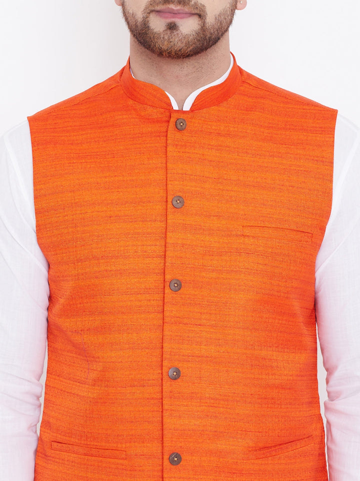 VASTRAMAY Orange Nehru Jacket And White Kurta Pyjama Baap Beta Set