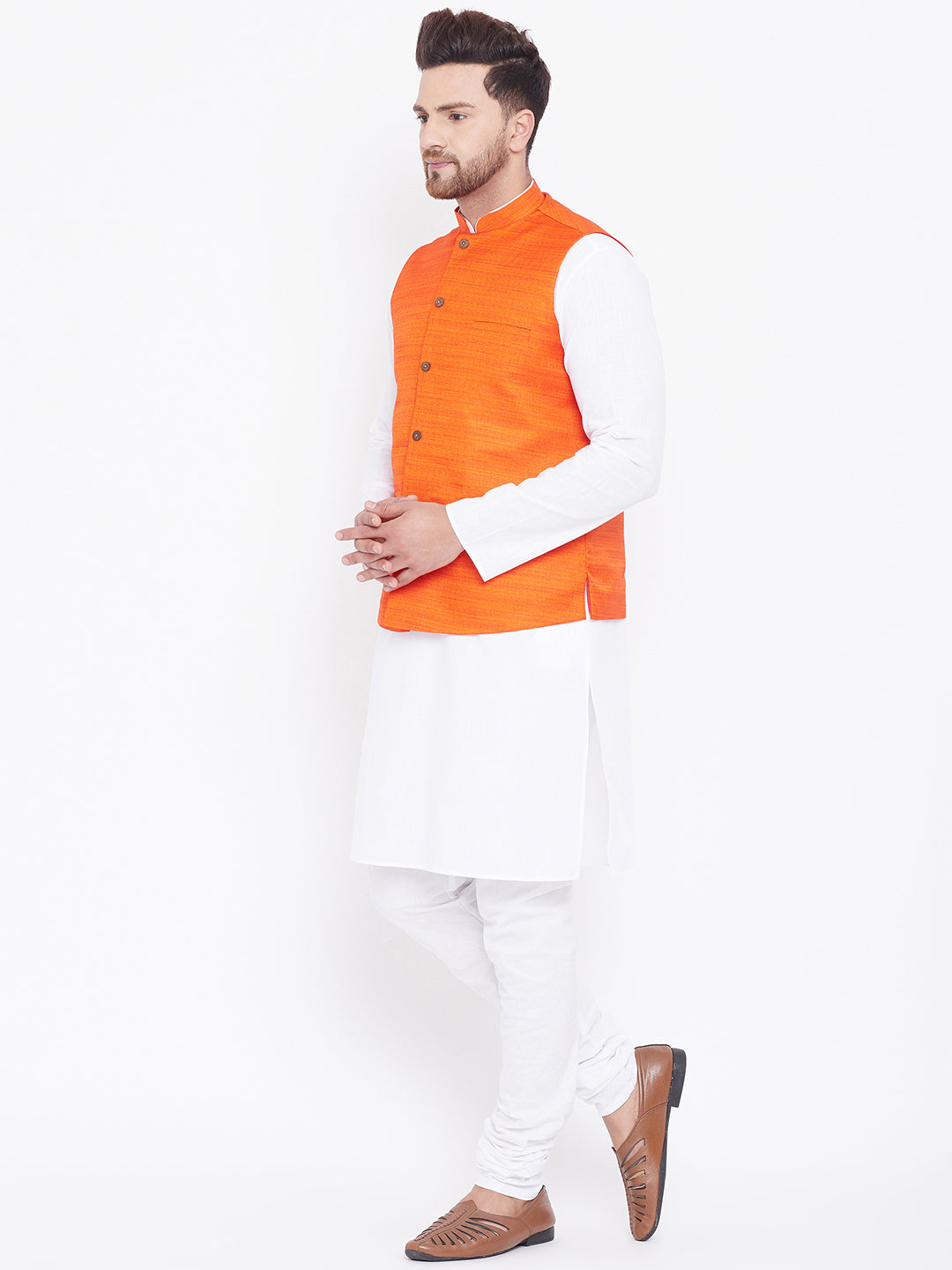 Vastramay Men's Orange And White Cotton Blend Jacket, Kurta and Pyjama Set