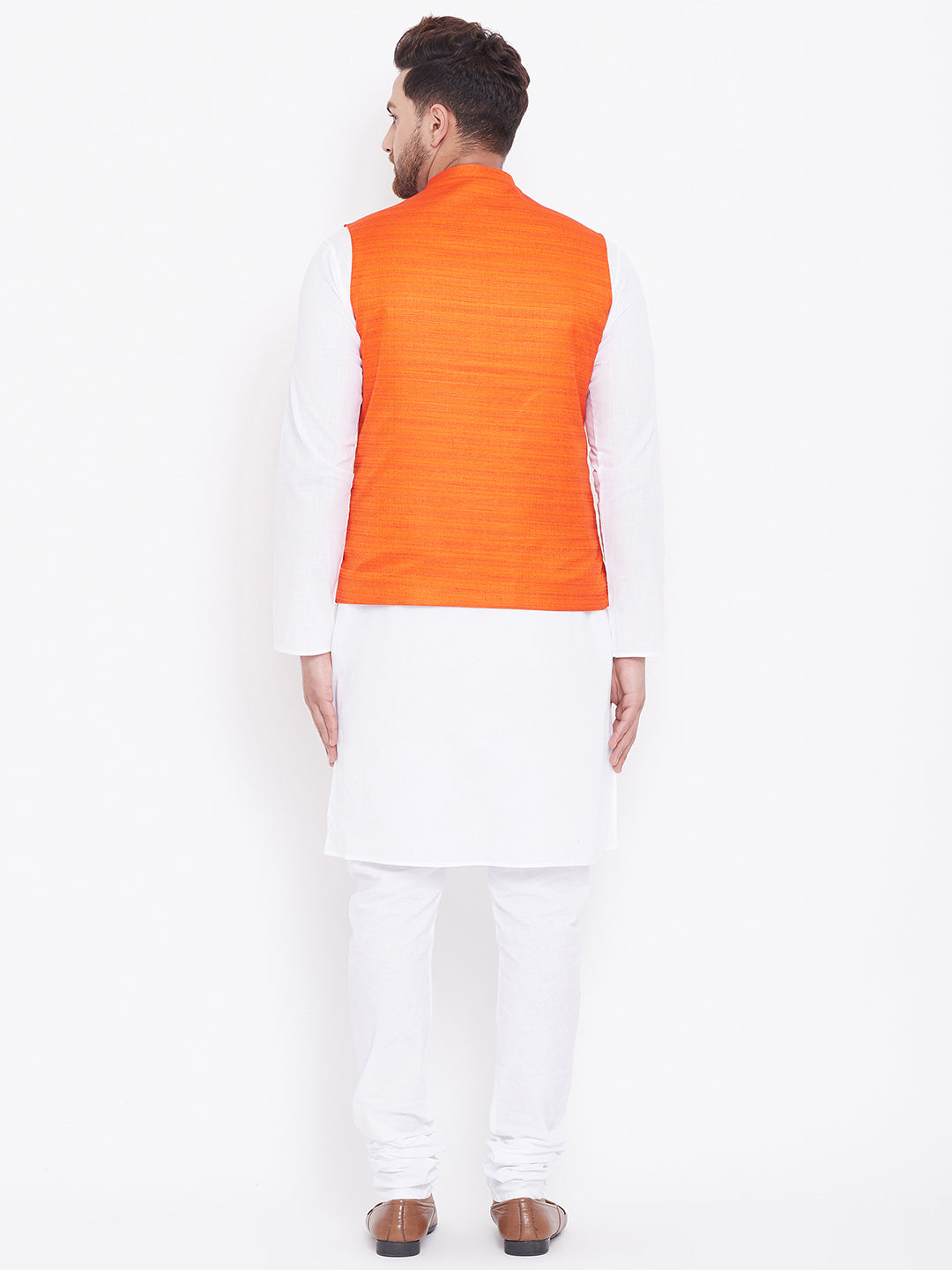 VASTRAMAY Orange Nehru Jacket And White Kurta Pyjama Baap Beta Set