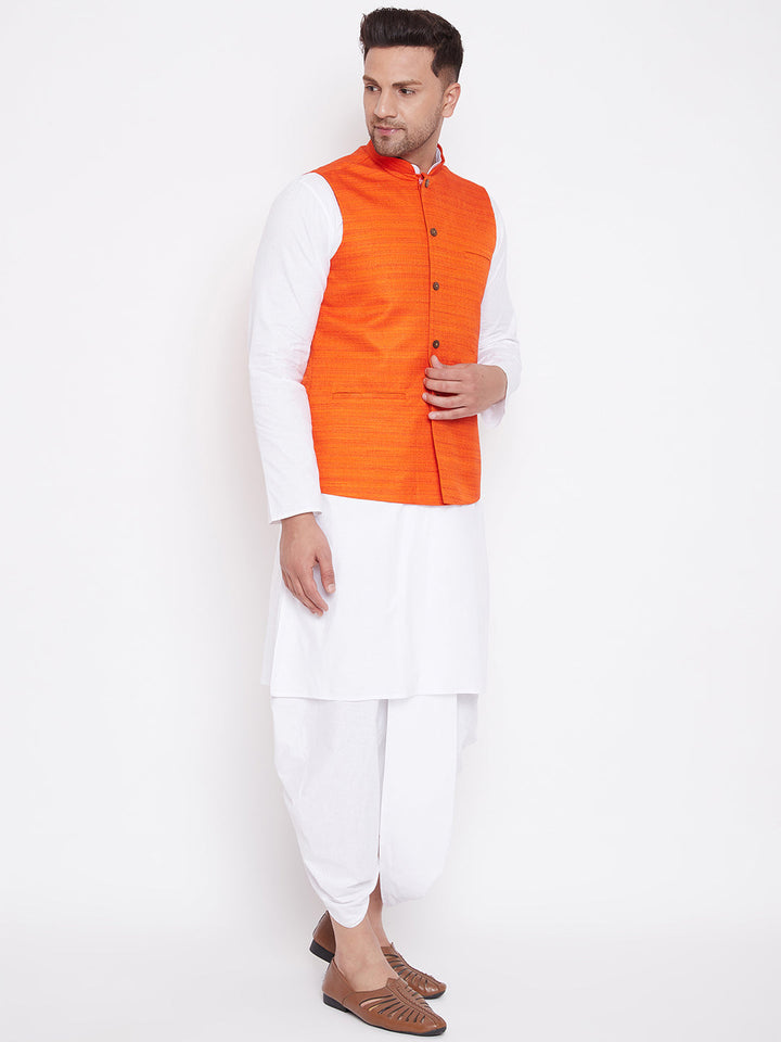 VM BY Vastramay Men's Orange And White Cotton Blend Jacket, Kurta and Dhoti Set