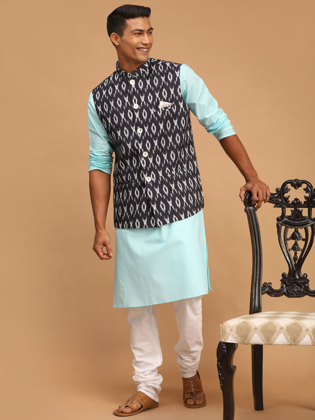 VASTRAMAY Men's Black Ikkat Printed Cotton Nehru Jacket With Aqua Blue Kurta And White Pyjama Set