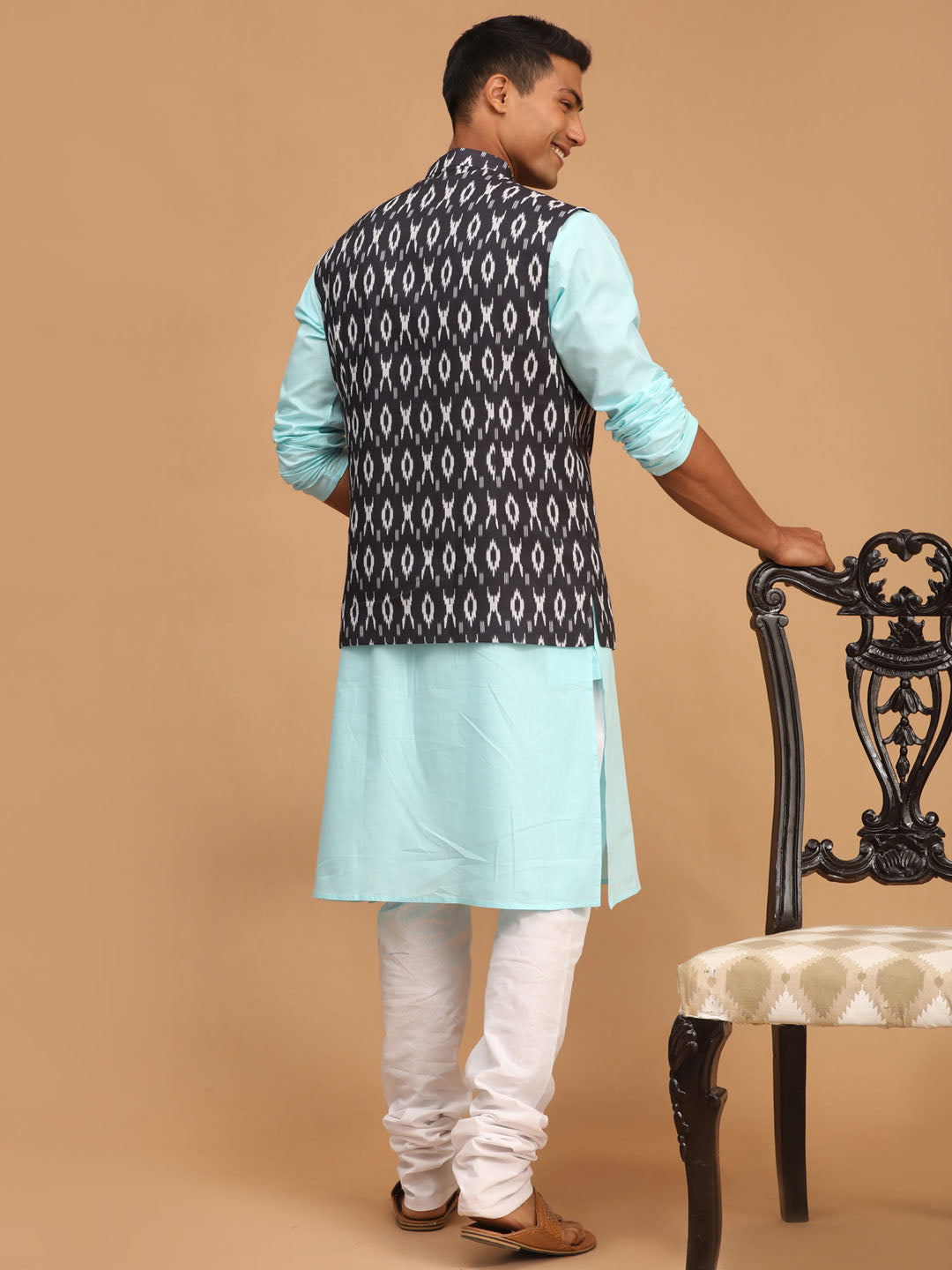 VASTRAMAY Men's Black Ikkat Printed Cotton Nehru Jacket With Aqua Blue Kurta And White Pyjama Set