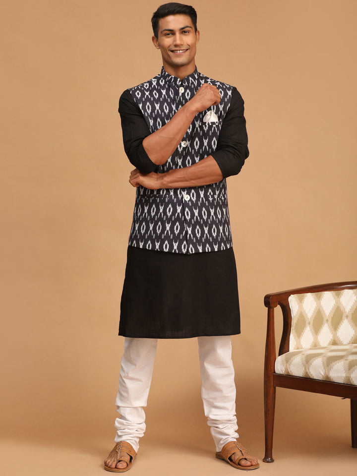 VASTRAMAY Men's Black Ikaat Printede Cotton Nehru Jacket With Black Kurta And White Pyjama Set