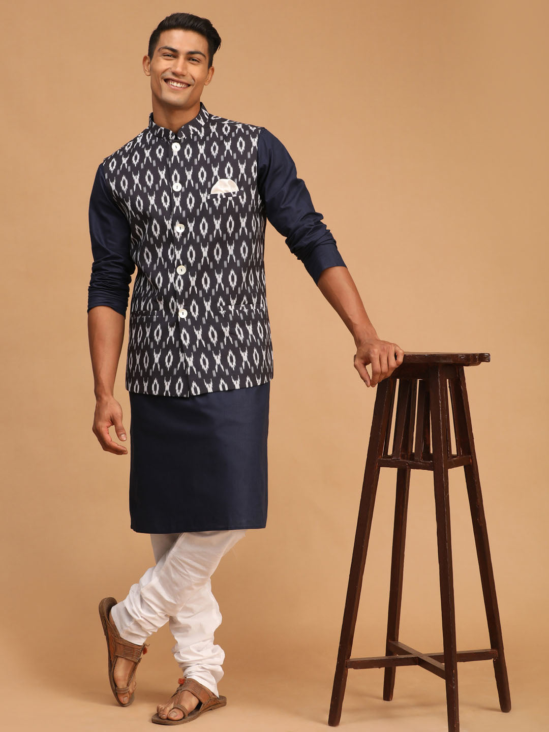 VASTRAMAY Men's Black Ikkat Printed Cotton Nehru Jacket With Navy Blue Kurta And White Pyjama Set