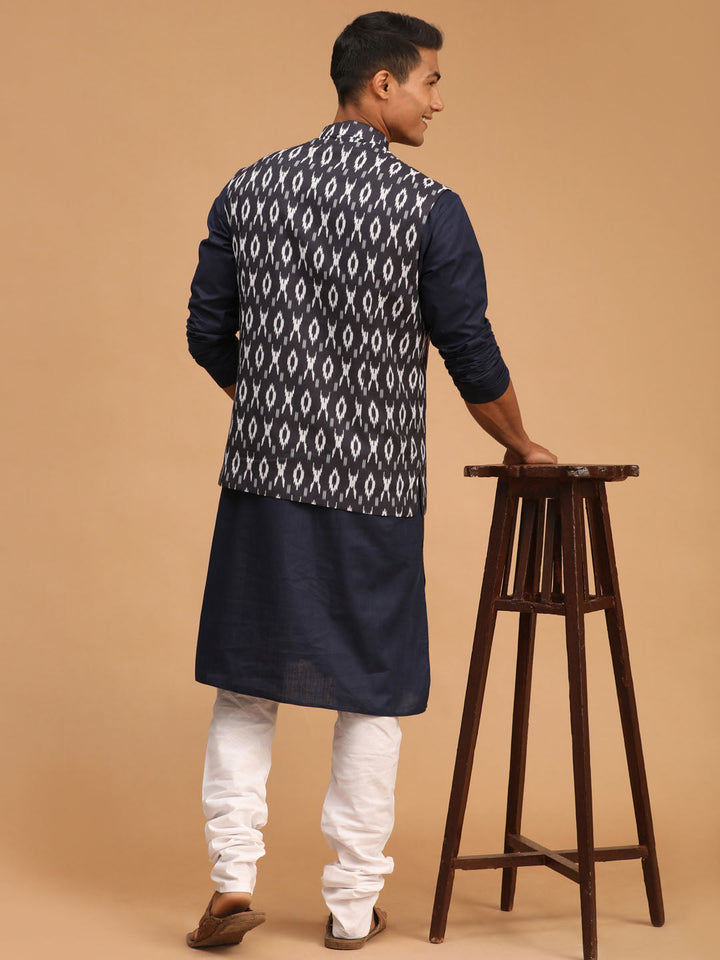 VASTRAMAY Men's Black Ikkat Printed Cotton Nehru Jacket With Navy Blue Kurta And White Pyjama Set