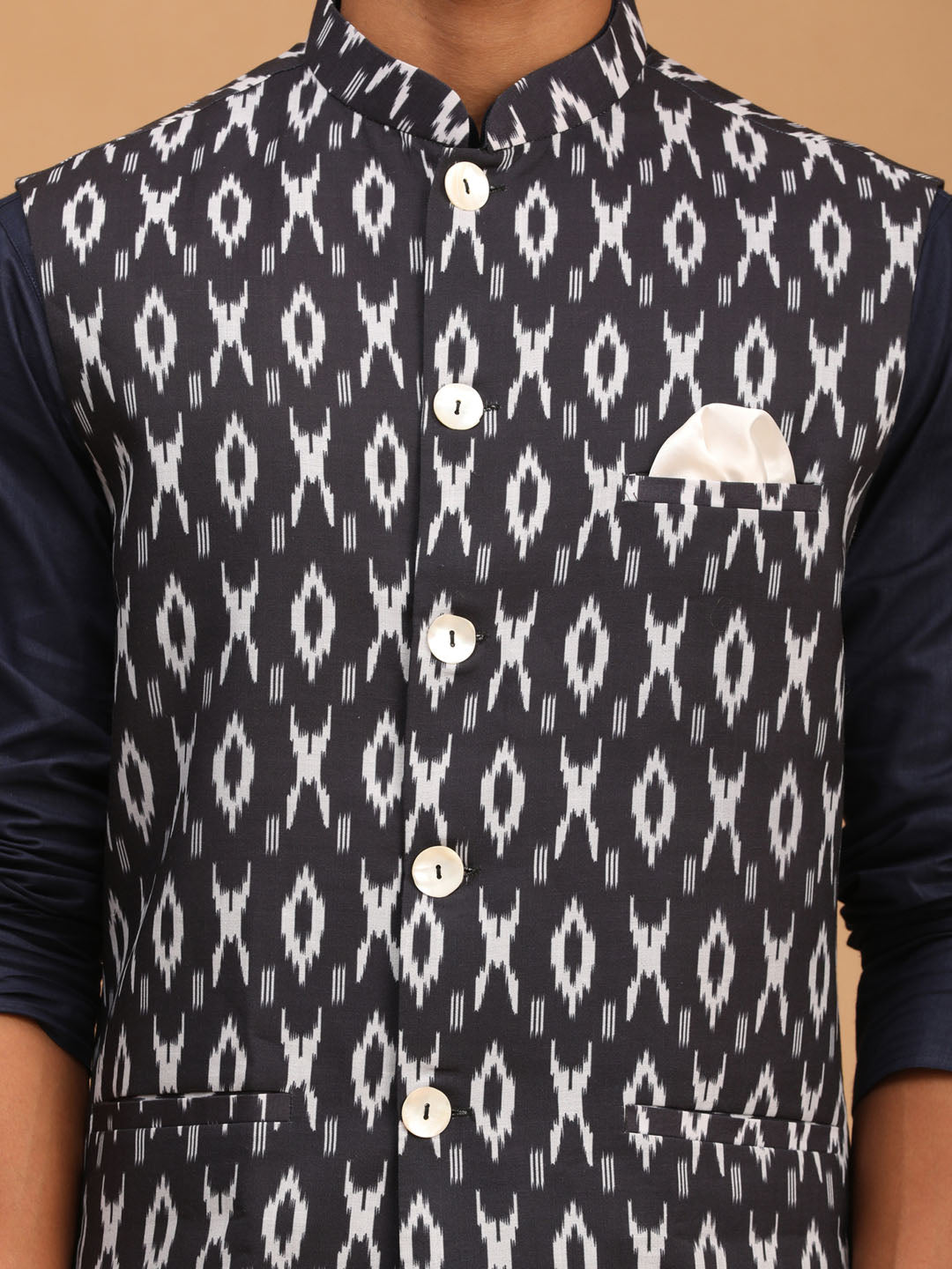 VASTRAMAY Men's Black Ikkat Printed Cotton Nehru Jacket With Navy Blue Kurta And White Pyjama Set