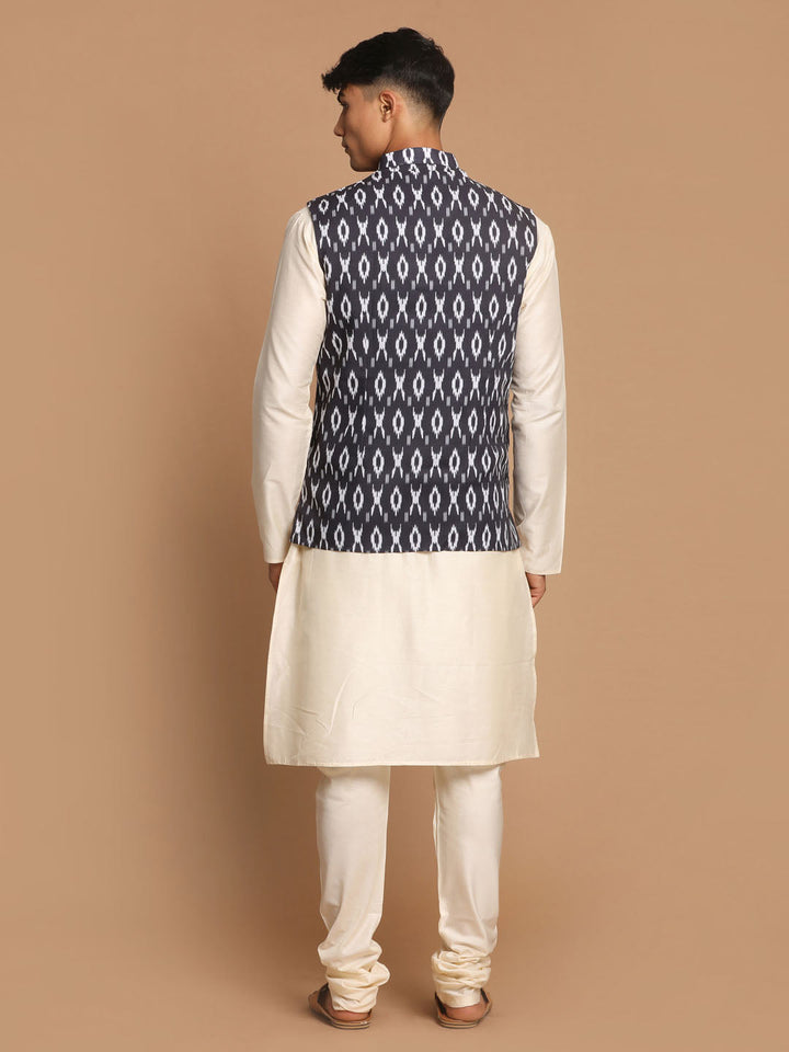 VASTRAMAY Men's Black  Nehru Jacket  With Cream Kurta And Pyjama Set