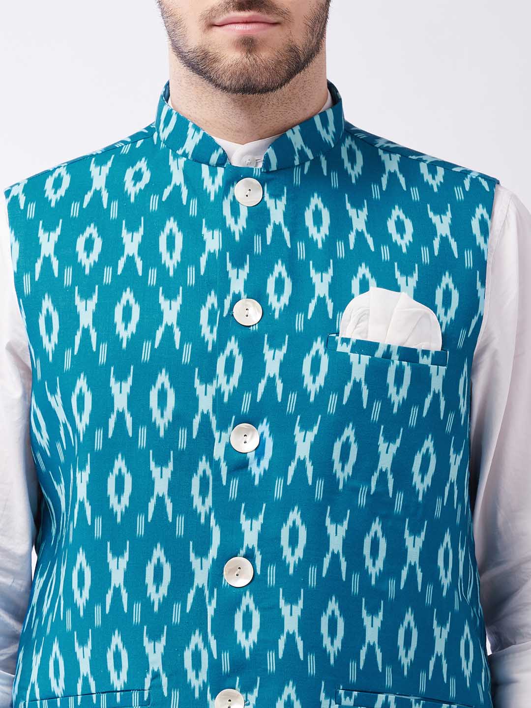 VASTRAMAY Men's Turquoise Cotton Nehru Jacket